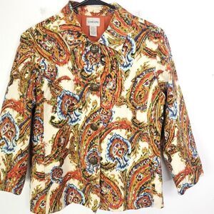 Chicos Jacket Womens 1 M Colorful Paisley Full Brass Buttons Collar All Over